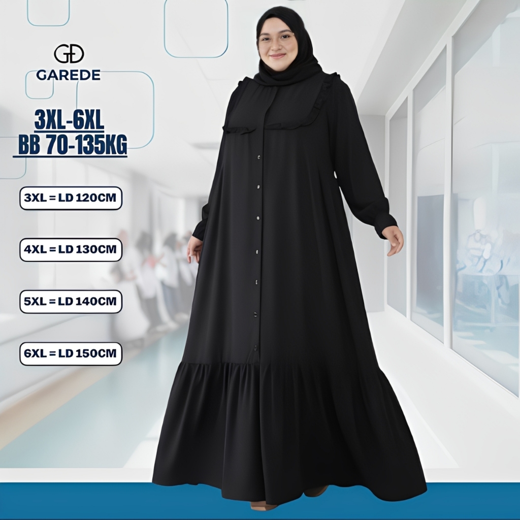 Garede - Gamis Jumbo LD 120 130 140 150 Crinkle Premium Hitam Polos Mewah Syari Baju Lebaran Terbaru