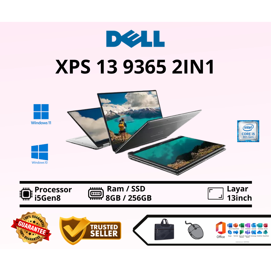 Dell XPS 13 9365 Core i5Gen8 Flip 360 Derajat Ram 8GB SSD 256GB Touchscreen Free Softcase & Mouse Se