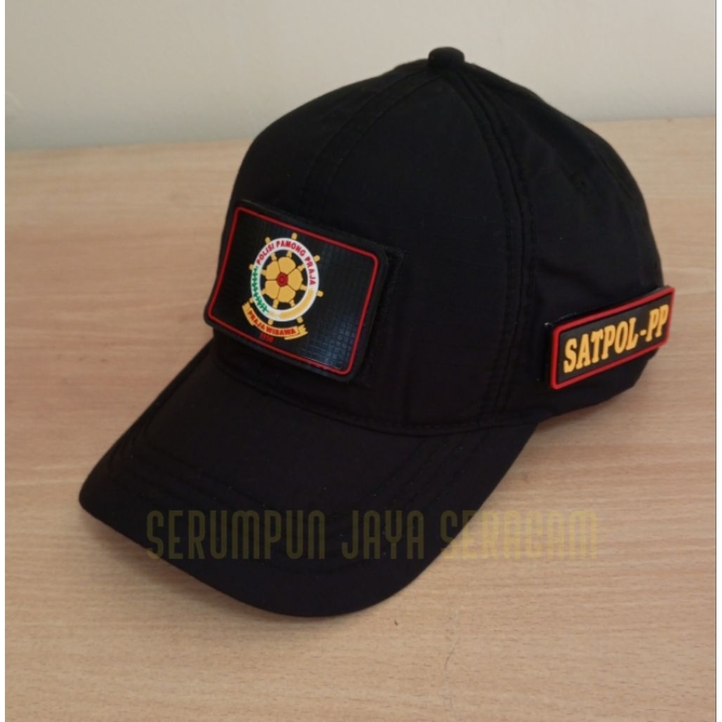 TOPI SATPOL PP 3 PATCH RUBBER HITAM PEREKAT LEPAS PASANG - TOPI SATPOL PP HITAM PATCH RUBBER LEPAS P