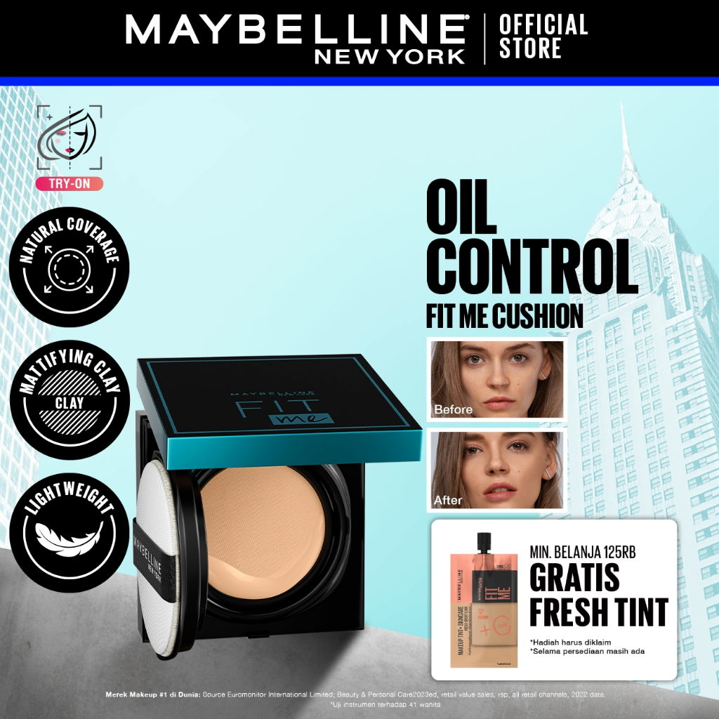 MAYBELLINE OFFICIAL Fit Me Matte+Poreless Cushion Foundation 14gr - Makeup Ringan Full Coverage Oil 