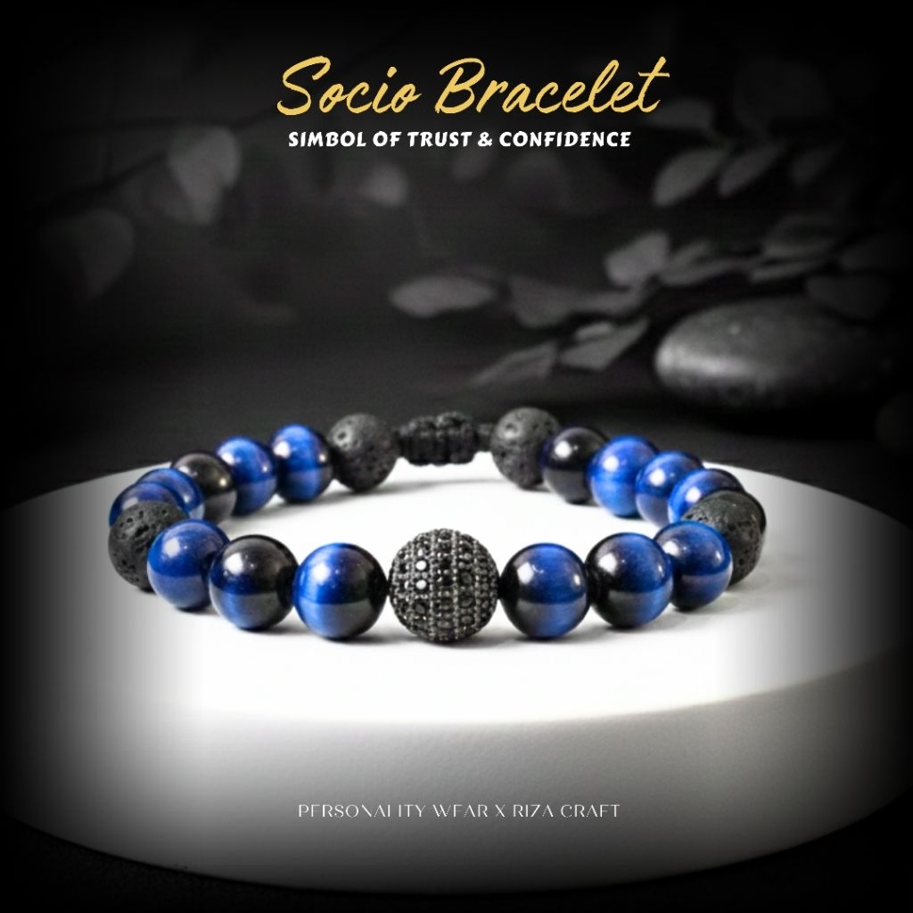 SOCIO BRACELET - Gelang Aesthetic Pria Wanita Keren Terbaru Batu Alam Biru Blue Tiger Eye Original M