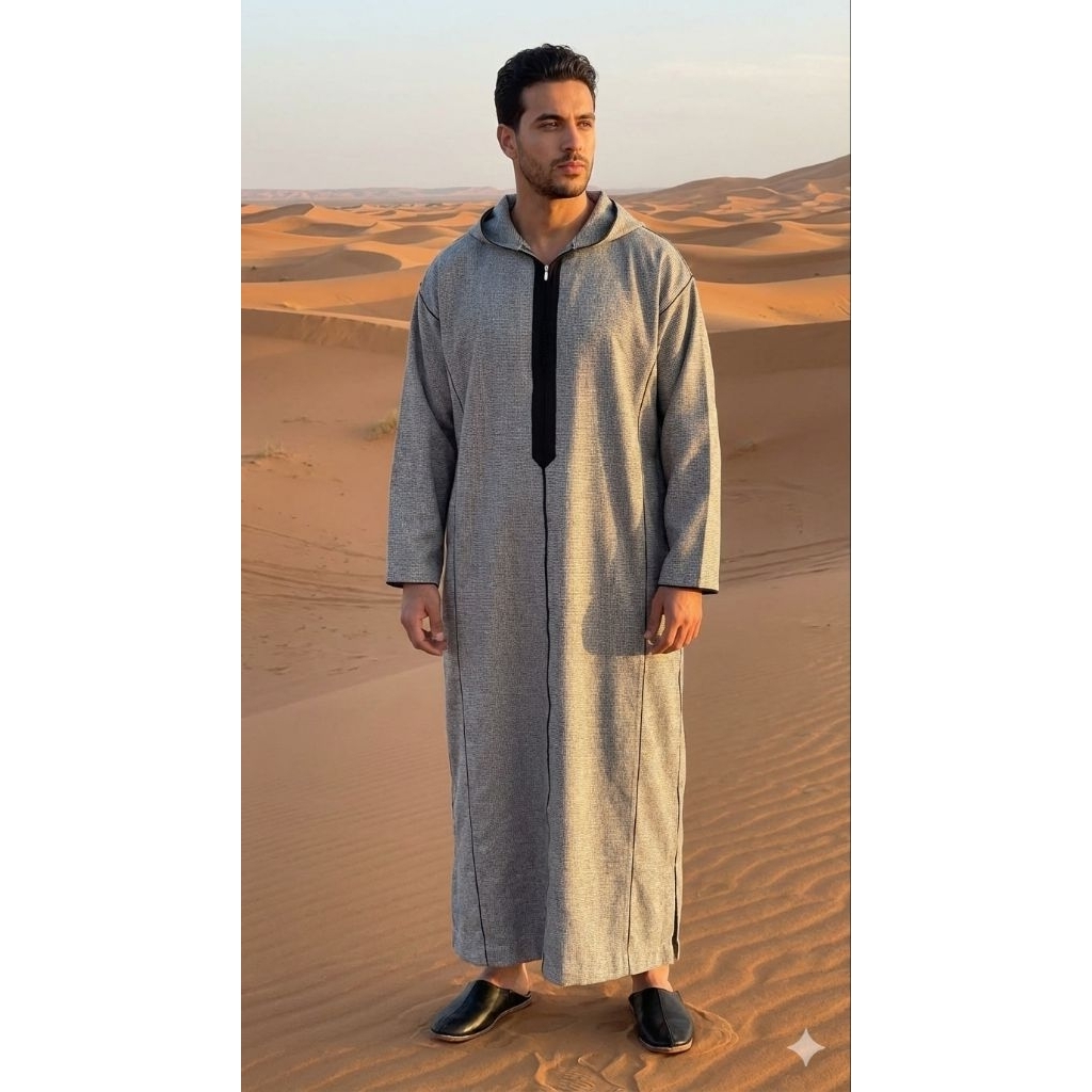Djellaba.id Gamis Umroh Baju Muslim Jubah Sholat Hoodie Jalabah Kapucong Maroko Pria Wool Baby Grey