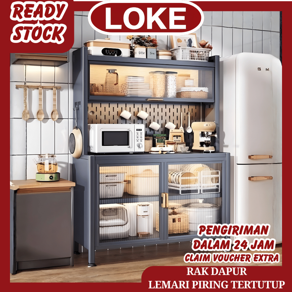 LOKE Rak Dapur Lemari Piring tertutup Lemari Dapur Besi Serbaguna Rak Piring Microwave Minimalis