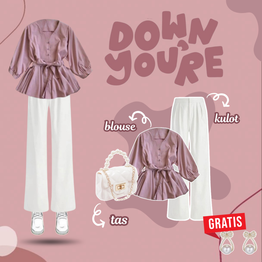 OneSet 3in1 Wanita Blouse Korean Premium & Celana Kulot Jennie Knit & Tas Jelly Glossy Mini 41B