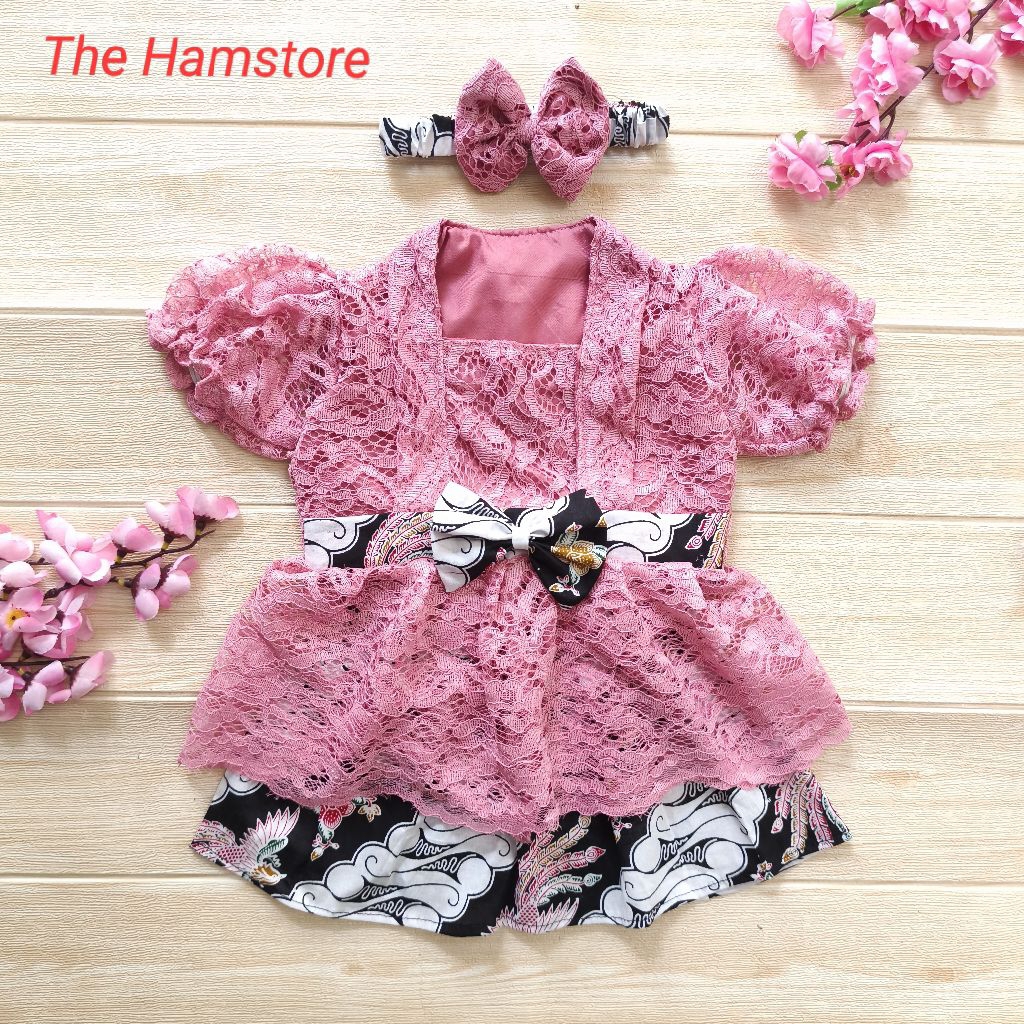 Set Kebaya Anak Perempuan Bayi 1 Tahun Kutubaru Encim Brukat Batik Dusty Pink Free Bando