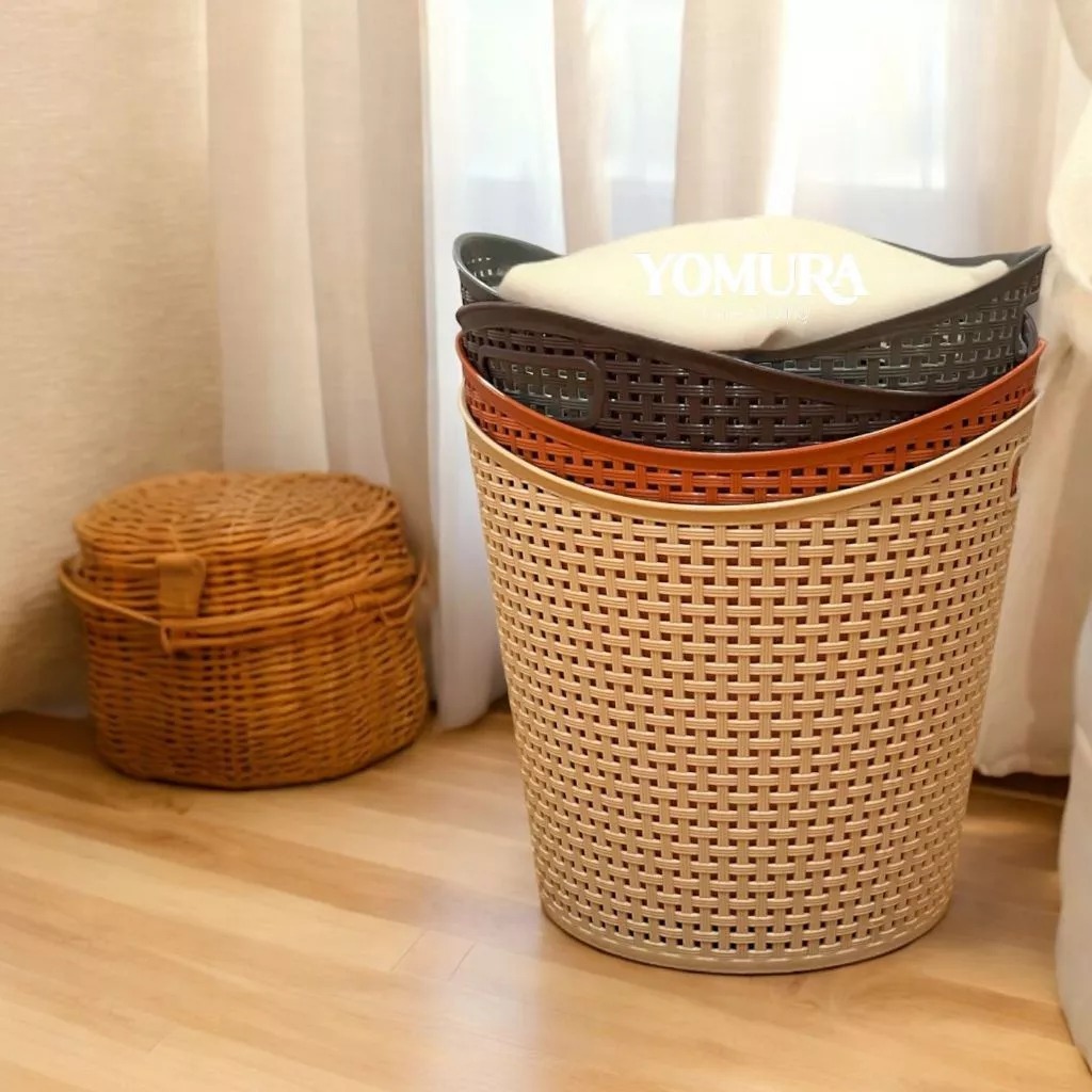 Keranjang Laundry JUMBO Plastik Rotan Cucian Baju / Pakaian Kotor / Keranjang Serbaguna Bag Bulat