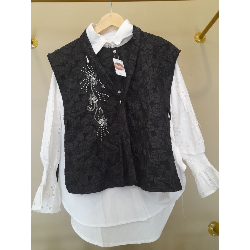 Blouse 2-in-1 Premium - Kemeja Putih Lengan Balon & Vest, Payet Mewah