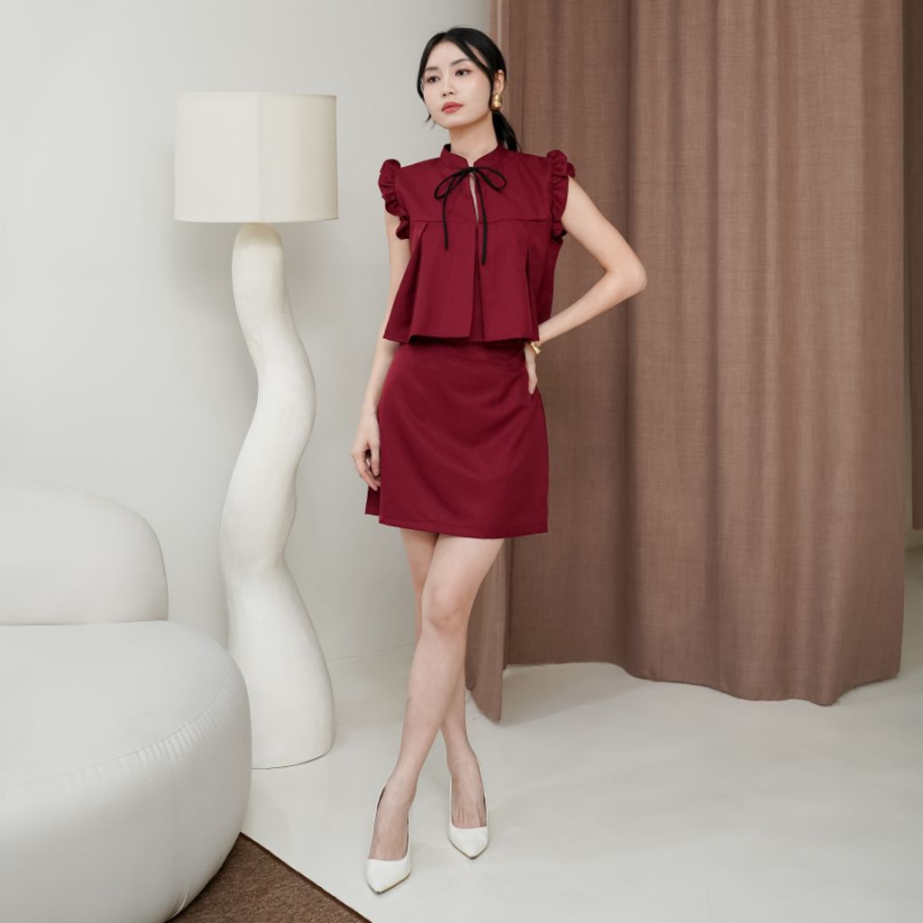 One Set Lilina Baju Setelan Rok Pendek Wanita Casual Polos Tanpa Lengan