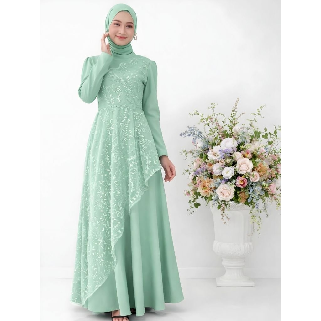Gamis Wanita Terbaru Tiara Dress Brokat Tile Mutiara Cantik Gamis Kondangan Cl