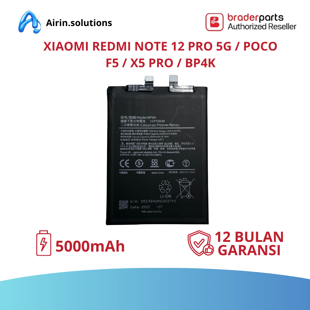BATERAI XIAOMI REDMI NOTE 12 PRO 5G / POCO F5 / X5 PRO / BP4K - BRADERPARTS ORIGINAL DAN BERGARANSI.