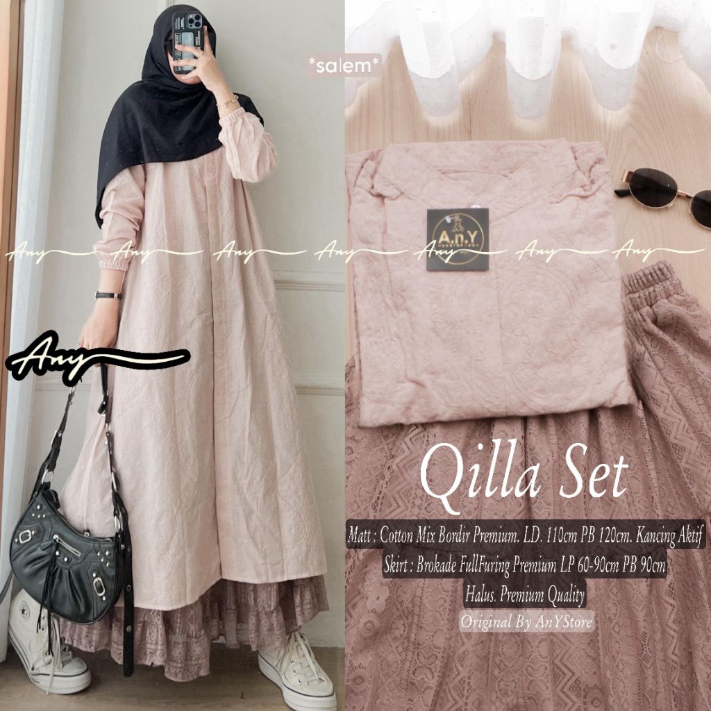 Mifara Qilla Set setelan long tunic cotton mix bordir dan rok panjang broklade full furing premium o