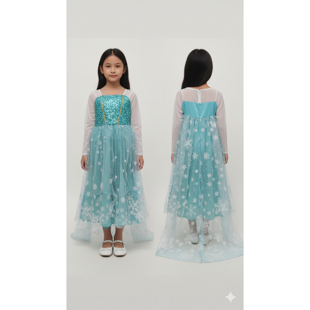 Dress Kostum Frozen Elsa Anak Baju Dada Glitter Biru Emas Rok Tile Putih Uk 3-10