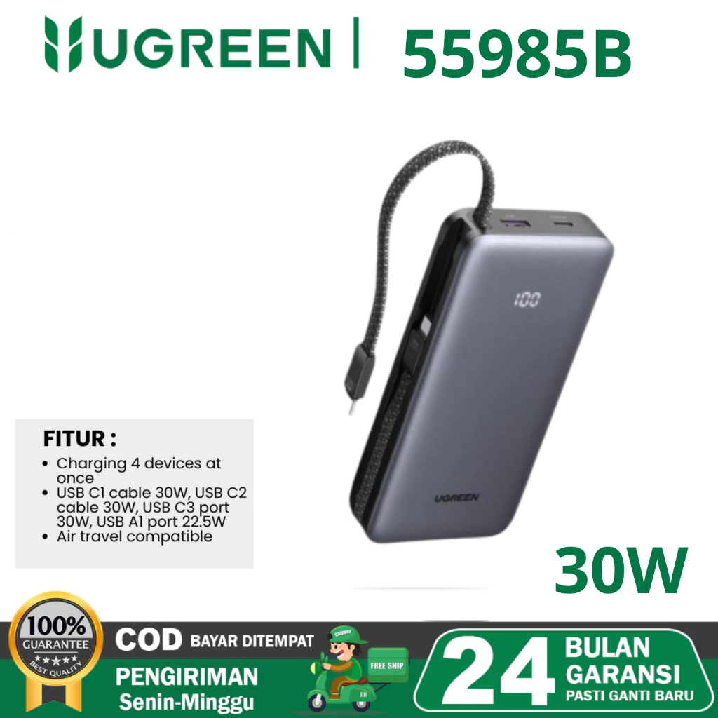 UGREEN 55985B 30W Powerbank Built In Cable 20000mAh Dual Type C Fast Charging Powerbank 30w 45w 67w 