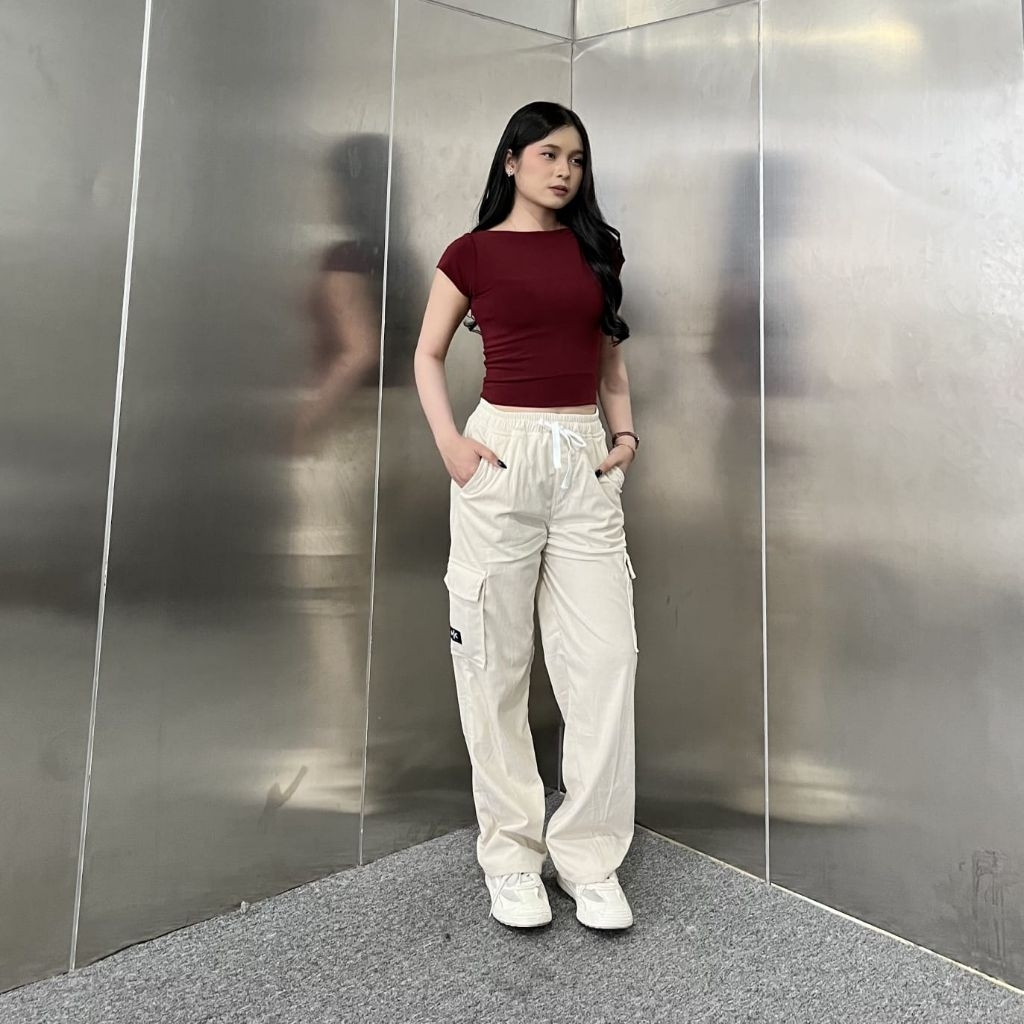 Celana Corduroy Cargo Wanita Celana Panjang Wanita Pinggang Karet
