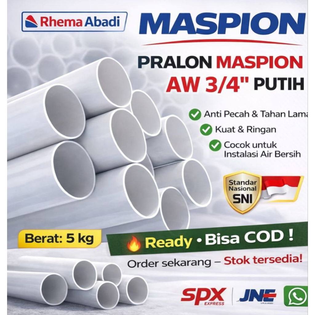 Pralon Pvc Pipa Air  MASPION AW 3/4" inch Putih  (26mm) Paralon Harga Per meter 100 cm