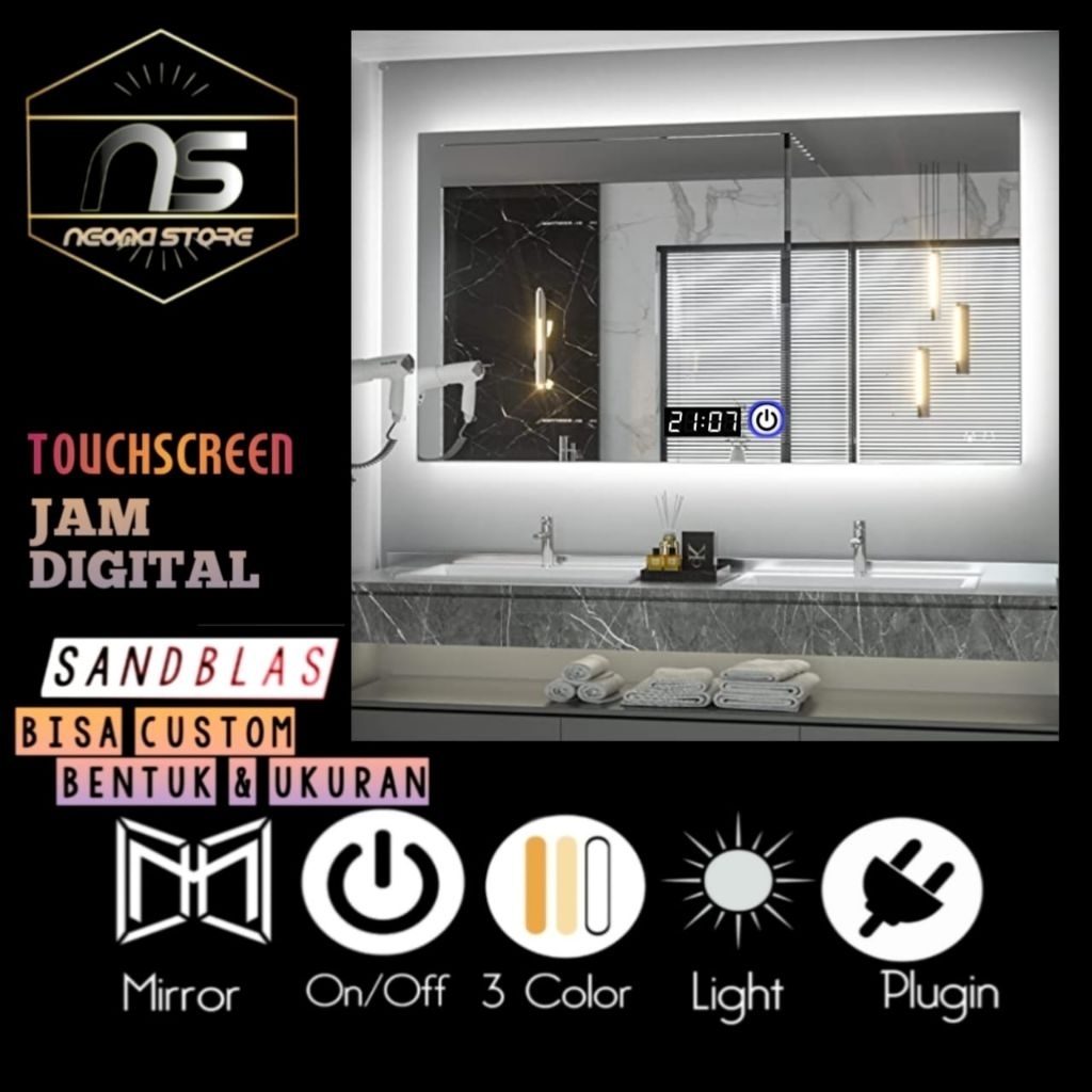 CERMIN KOTAK SIKU TOUCHSCREEN JAM KAMAR MANDI MEJA WSTAFEL