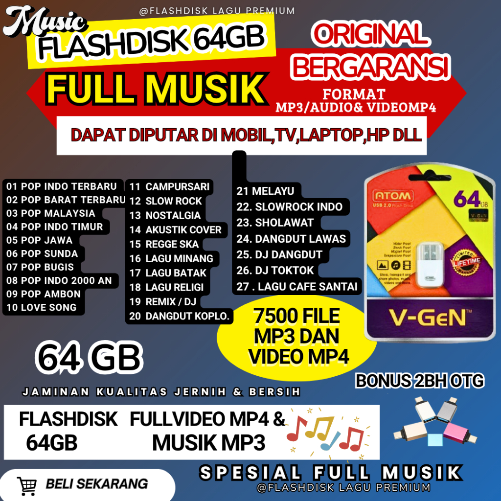 Flashdisk V-Gen 64GB Isi 7500 Lagu MP3 & Video Klip MP4 Bonus 2 OTG HP - Paket Musik Terlengkap Ting