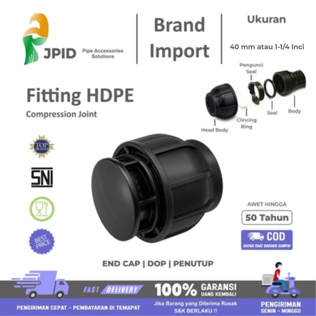 End Cap HDPE 40mm atau 1-1/4 Inch | Dop Compression Joint | Penutup Bahan PP