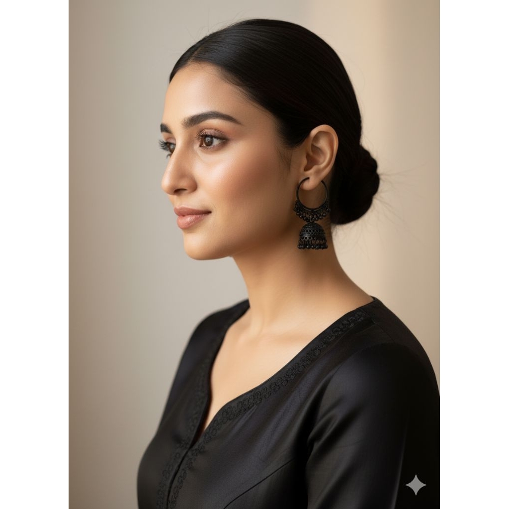Anting India Jhumka Cantik Lonceng Bulat Warna Hitam Netral Anting Bollywood Asli India