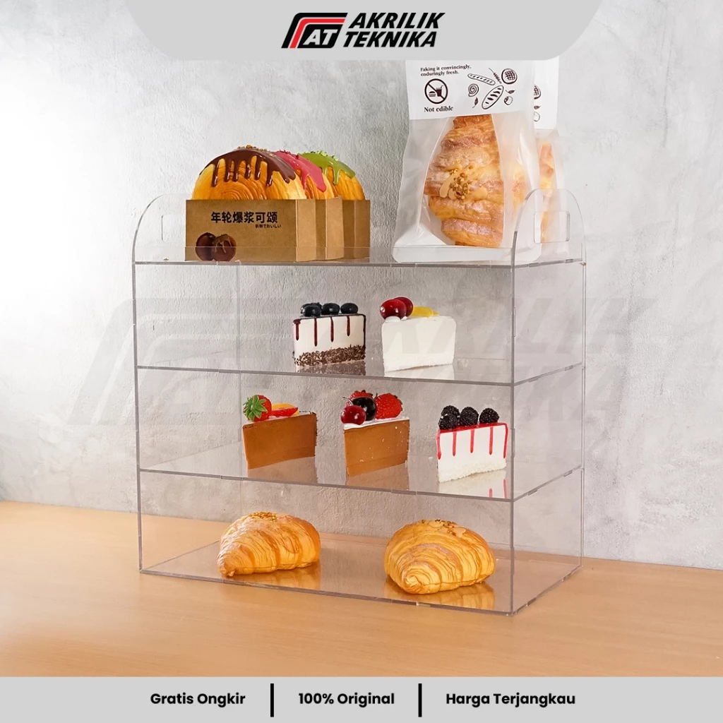 Etalase Kue Akrilik | Rak Display Roti Bakery Tebal 3mm 3 Susun Uk 40x21x38,6 cm