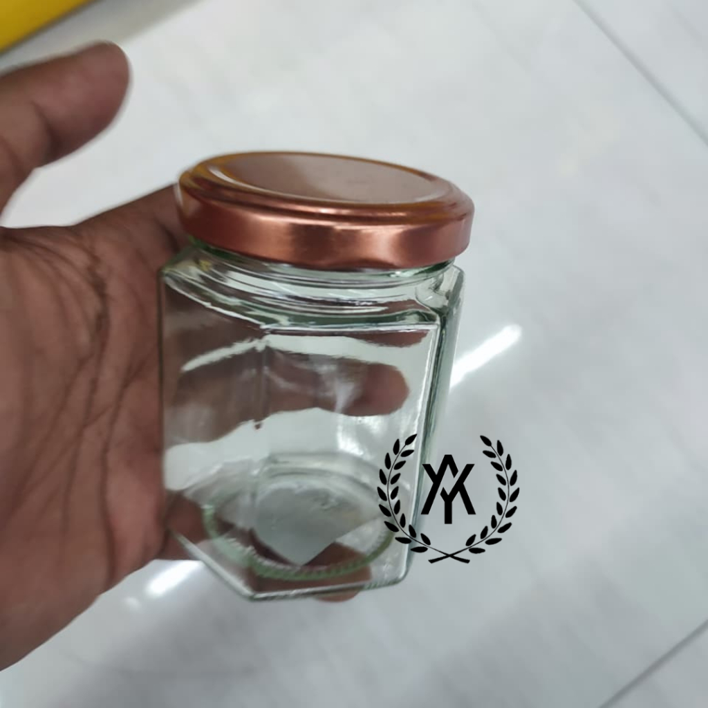 Tople Kaca Hexagon 180ml Tutup Gold Rosegold - Jar Kaca Aesthetic Tempat Bumbu Sambal Souvenir - Top
