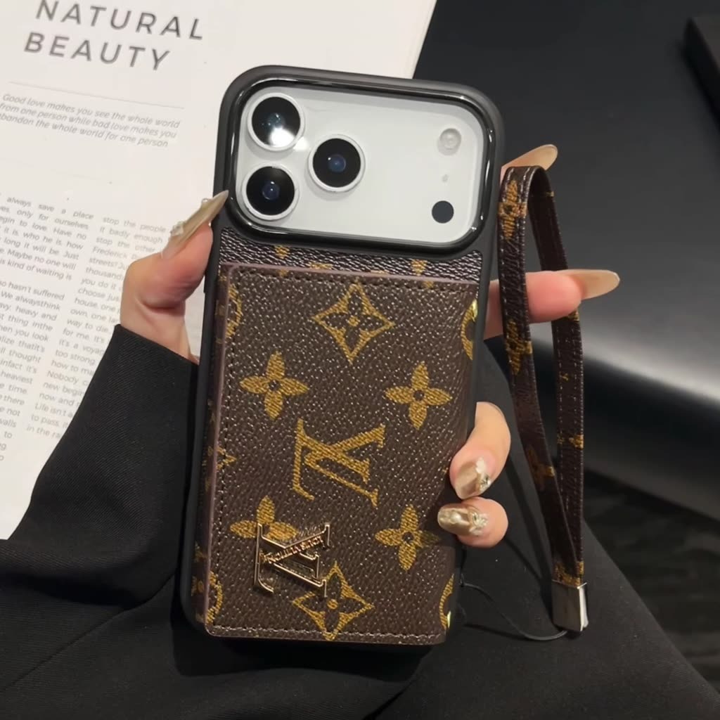 Luxury Leather Strap Rope Fashion Brand Label Metal Card Bag Silicone Cover iPhone 17 16 15 14 Pro M