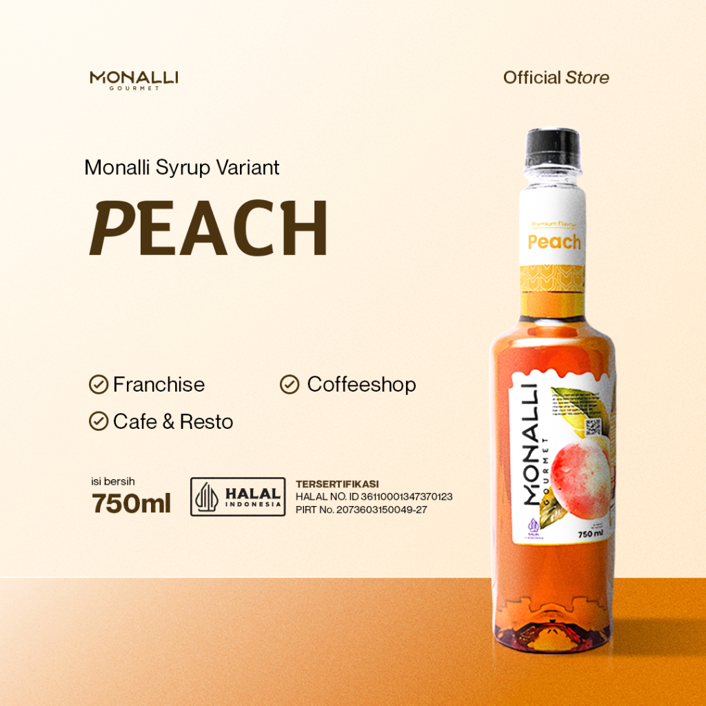 Monalli Syrup - 750 mL Peach Syrup / Sirup Persik Premium / Sirup Mocktail / Sirup Minuman Rasa Buah