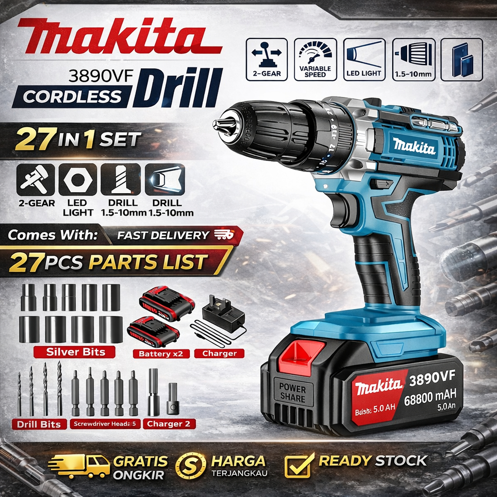 MAKITA Cordless Hand Drill / Bor Tembok Baterai (2 Set Baterai) - Bor Listrik Set Lengkap