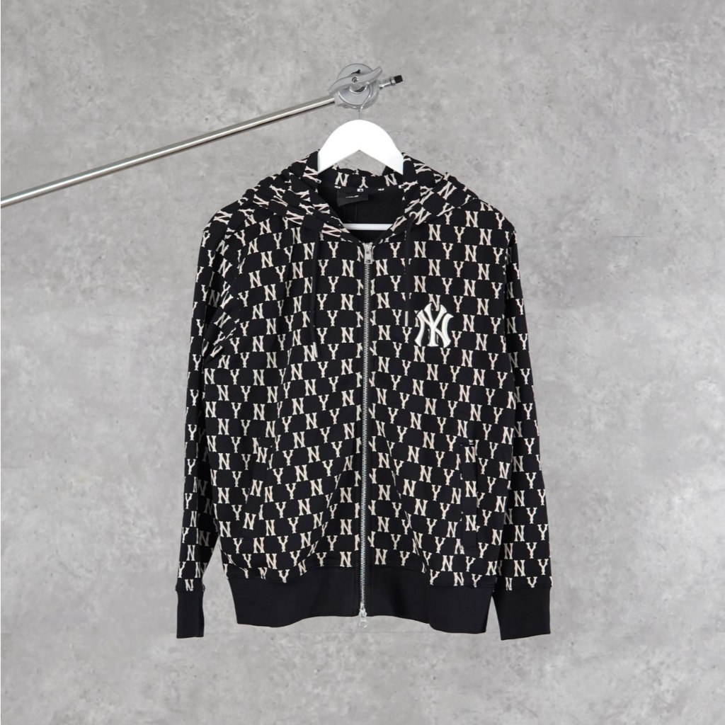 Jaket MLB NY MONOGRAM WHITE BLACK ZIP HOODIE 100% ORIGINAL