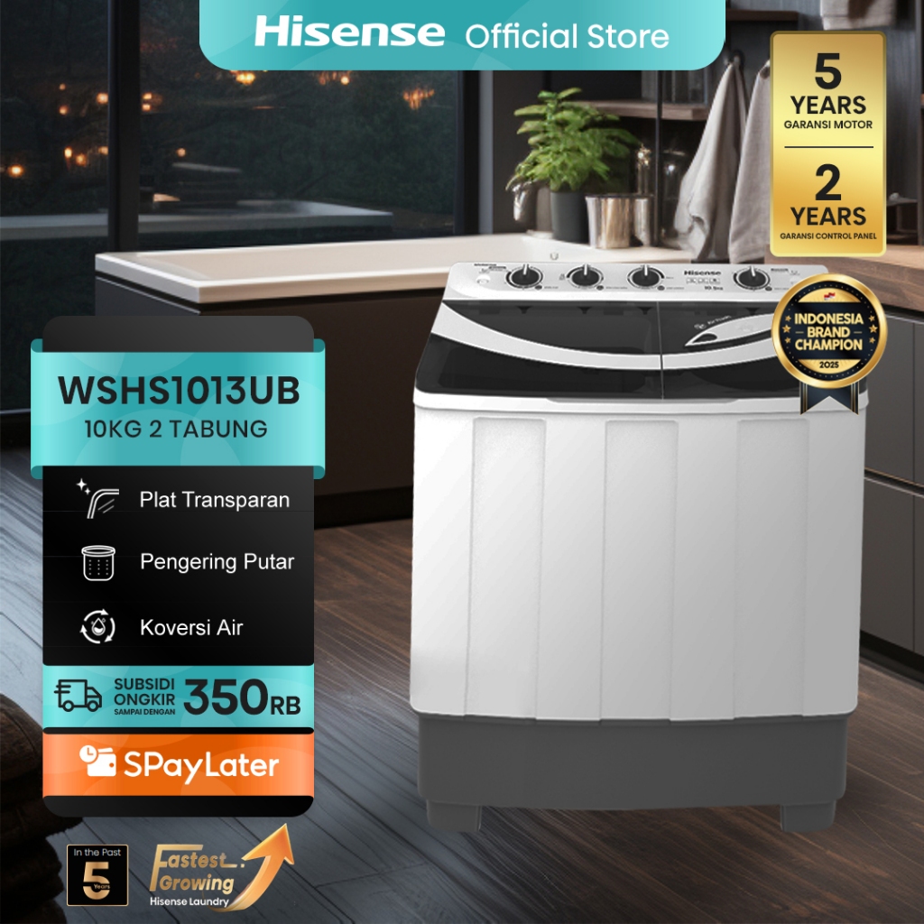 Hisense Mesin Cuci WSHS1013UB Top Loading Twintube Kapasitas 10KG 2 Tabung Bukaan Atas Pelat Penutup