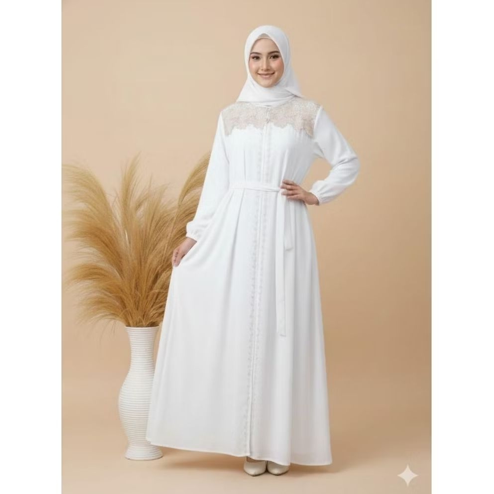 Liliarda Kamila Abaya dress raya ceruty set hijab dengan Kancing Atas Busui Friendly dan Renda Canti
