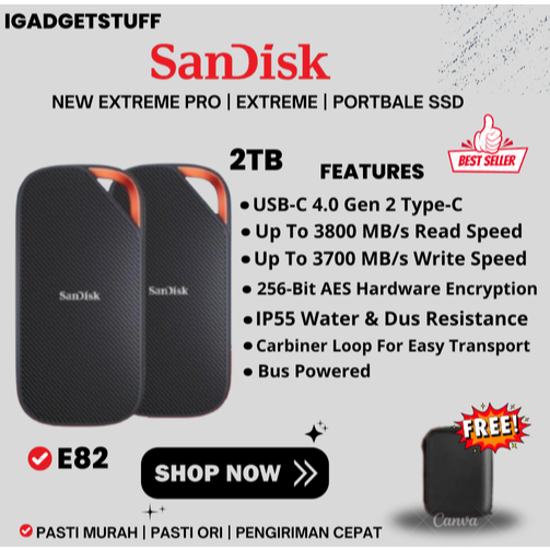 SSD Sandisk Extreme PRO Portable V2 2TB 3800MB/S USB Type C 4.0 Hardisk Eksternal