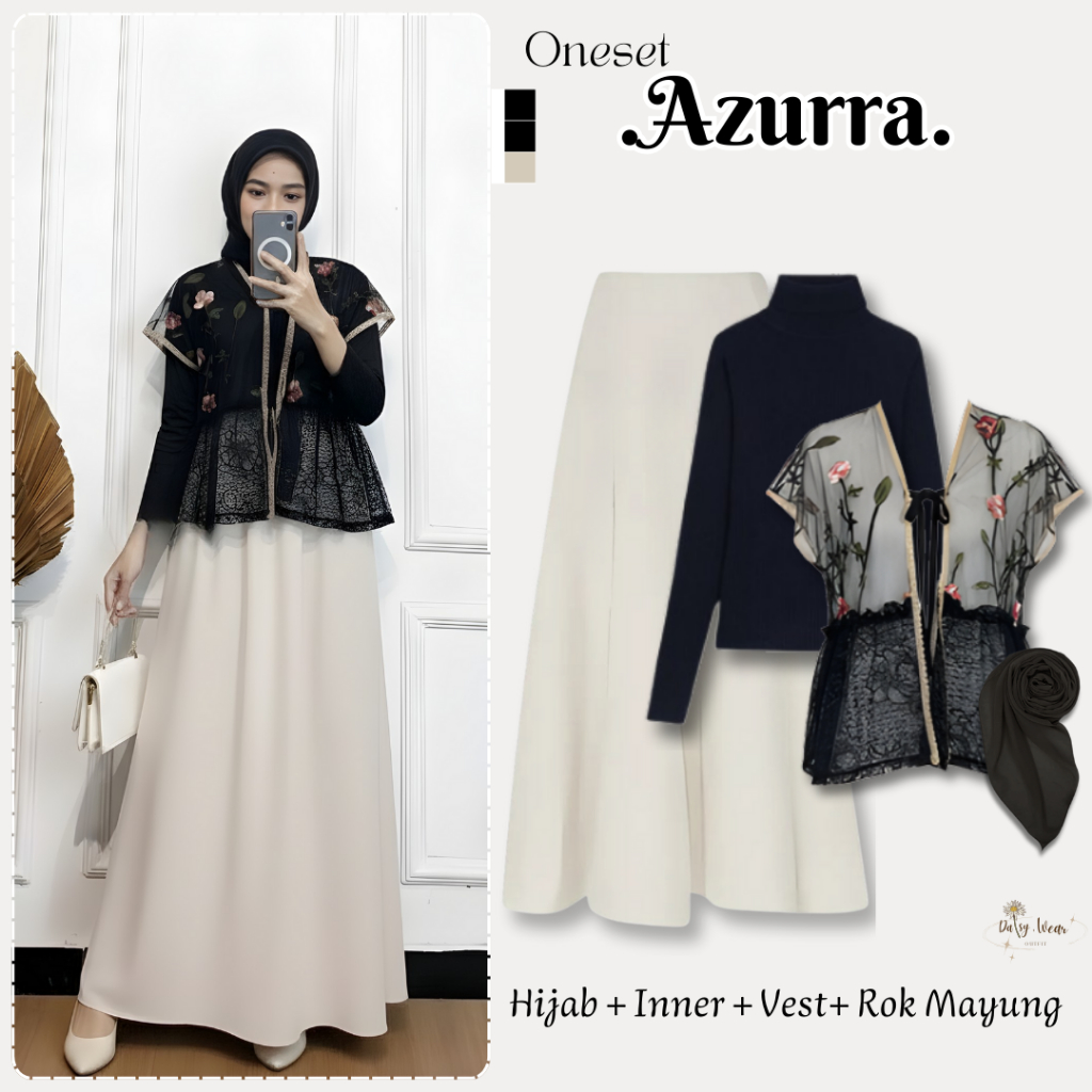 Oneset Wanita Azurra | Vest Motif Floral + Inner Hitam Spandek + Rok Mayung Joda Scuba Ivory + Hijab