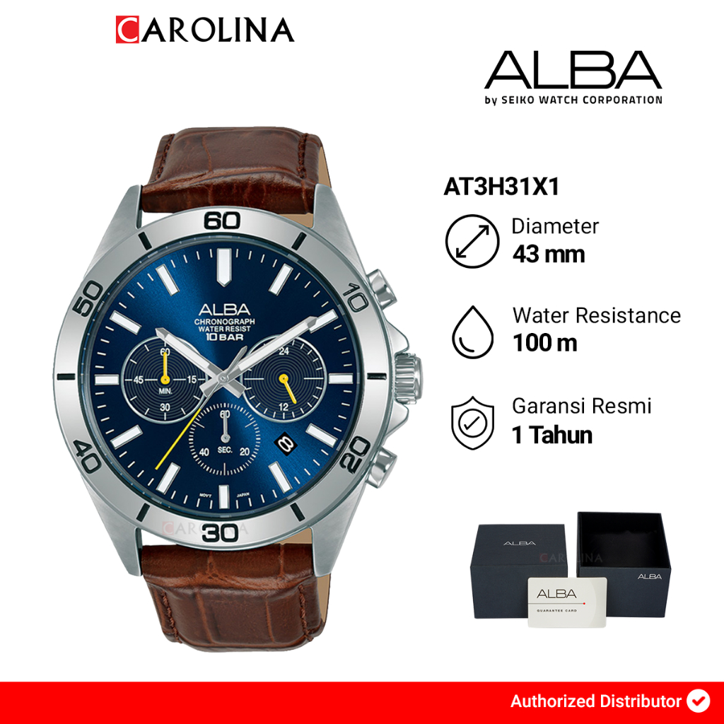 Jam Tangan Pria Alba Active AT3H31X1 Blue Dial with Brown Leather Strap