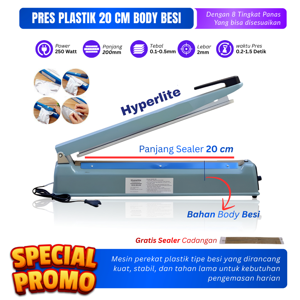PRES PLASTIK 20 CM IMPULSE SEALER ARASHI BODY BESI 200mm IRON SEALER ALAT PRES PLASTIK MAKANAN