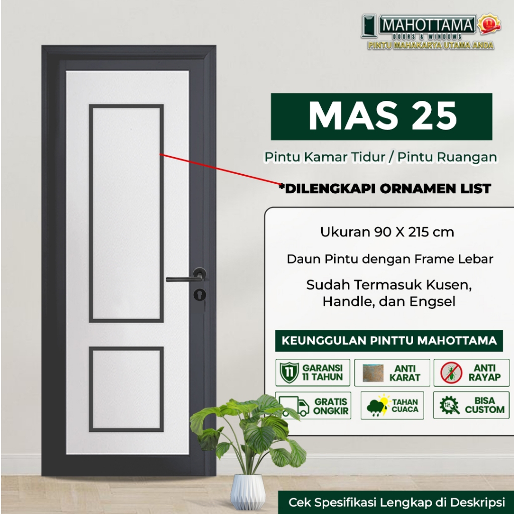 MAHOTTAMA MAS25 - Pintu Kamar Tidur Utama / Kamar Mandi Aluminium 90 x 215cm Rumah 1 Set Kusen Kunci