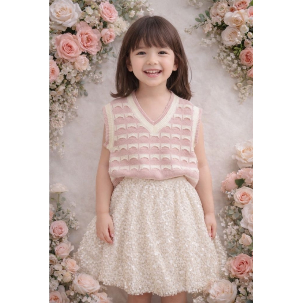 set atasan rajut 3 warna pink , hijau , hitam bawahannya rok sequin size 2 sd 6 th