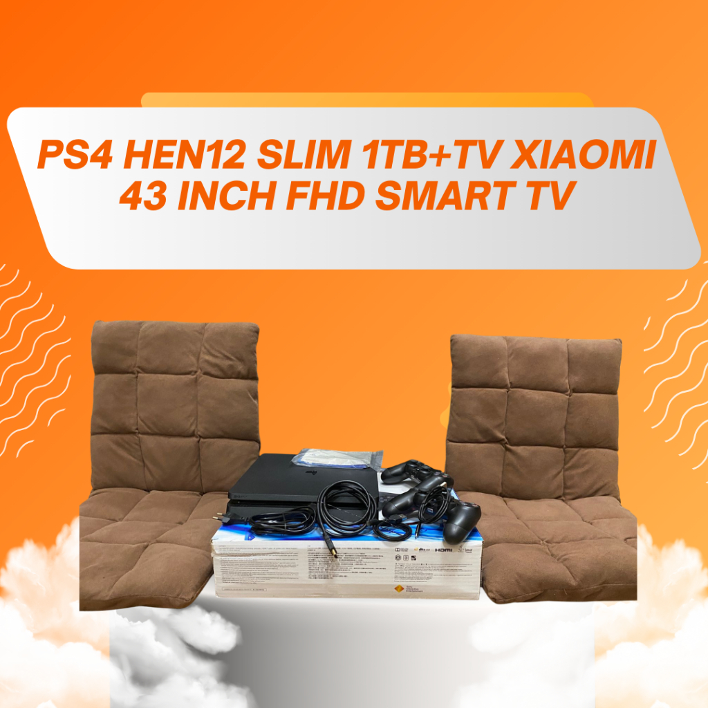4 UNIT PS4 SLIM HEN12 1TB + TV XIAOMI A2 FHD 43INCH ANDROID TV + KURSI+BRACKET MEJA PS