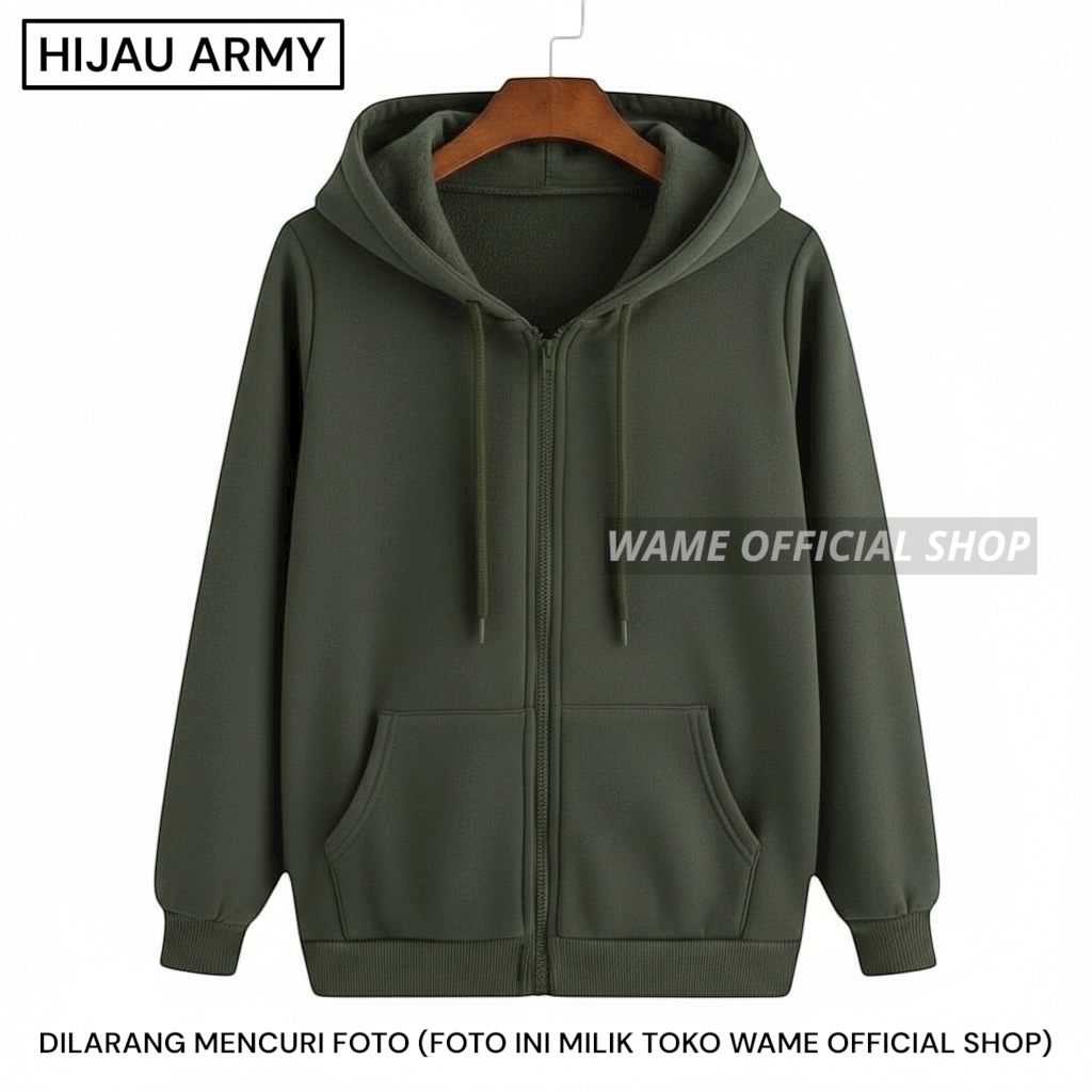Jaket polos zipper hoodie polos M,L,XL,XXL hijau army pria wanita wame