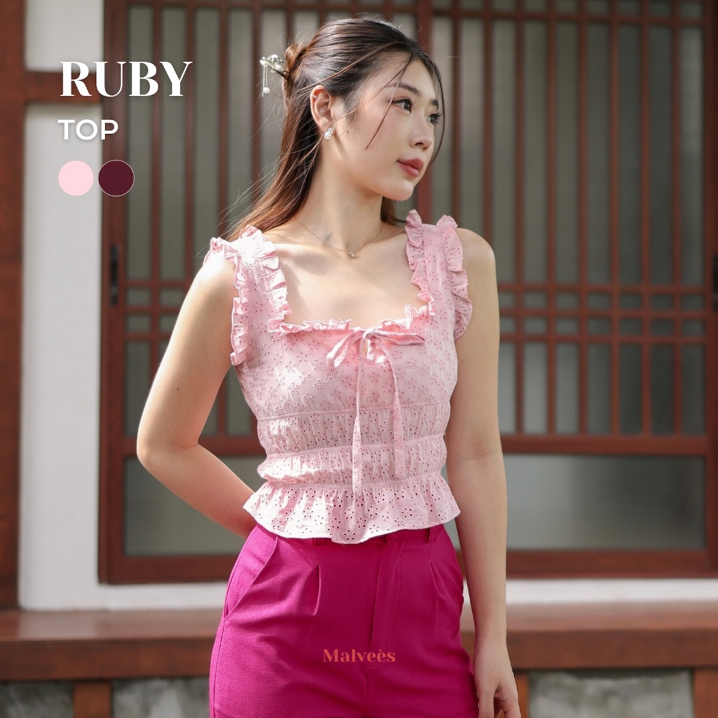 Malvees - Atasan Wanita Crop Top Square Neck Top Baju Pink Merah Blouse Tanpa Lengan - Ruby Top