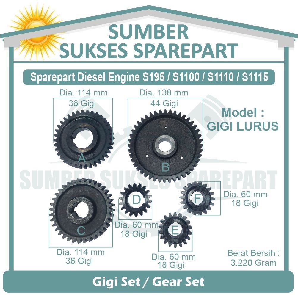 S195 / S1100 / S1110 / S1115 GEAR SET LURUS HITAM / GIGI SET / GEAR SET KUMPLIT UNTUK MESIN DIESEL