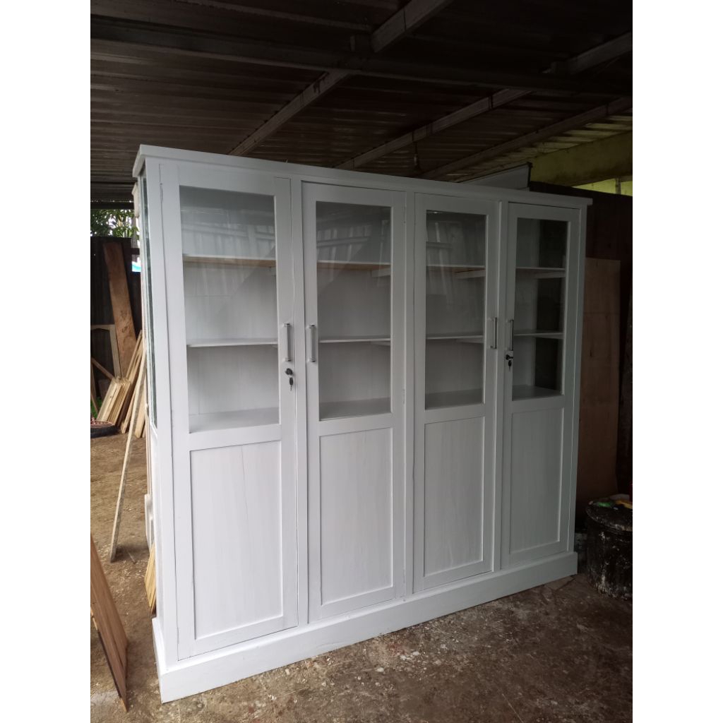 Lemari rak piring | Lemari 4 Pintu Putih Kaca | Model Minimalis | Kayu jati