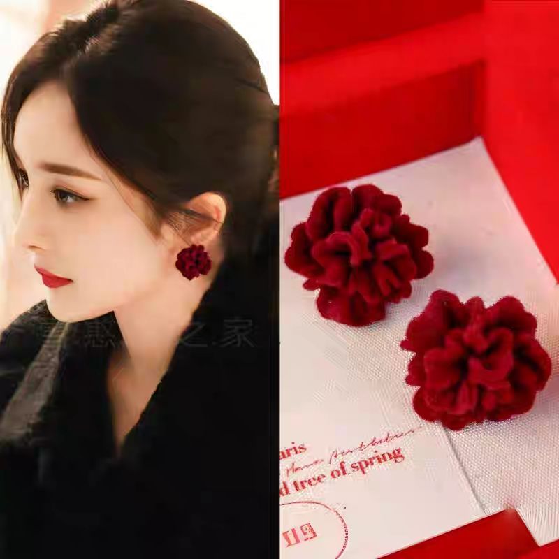 rcsbeauty - Anting merah natal imlek aksesoris fashion party anting ATB23 dengan desain bunga merah