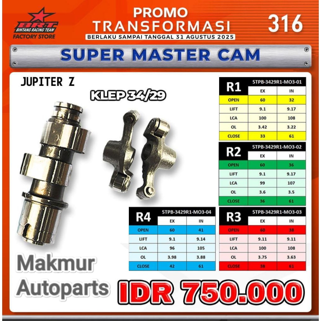 super Master Cam Noken As Jupiter Z Klep 34/29 BRT - BINTANG RACING TEAM