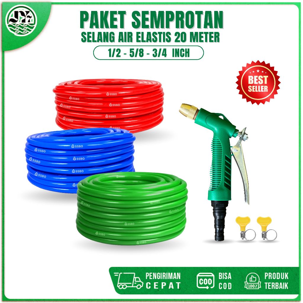 PAKET KEPALA SEMPROTAN HITAM LURUS SELANG AIR 1/2 5/8 3/4 INCH 20 METER SELANG ELASTIS DOP COD