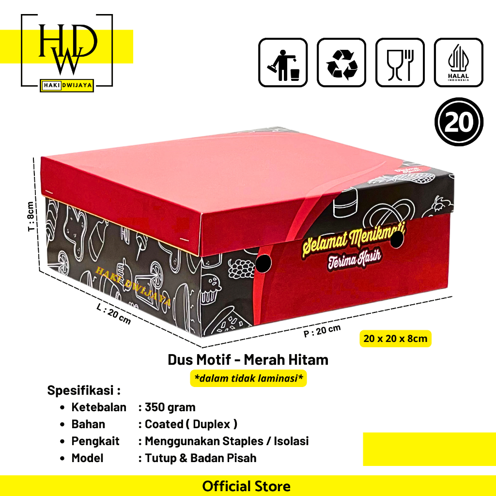 Kemasan Dus / Kotak Nasi dan Snack Ukuran 20x20x8cm Full Colour - Motif Merah Hitam