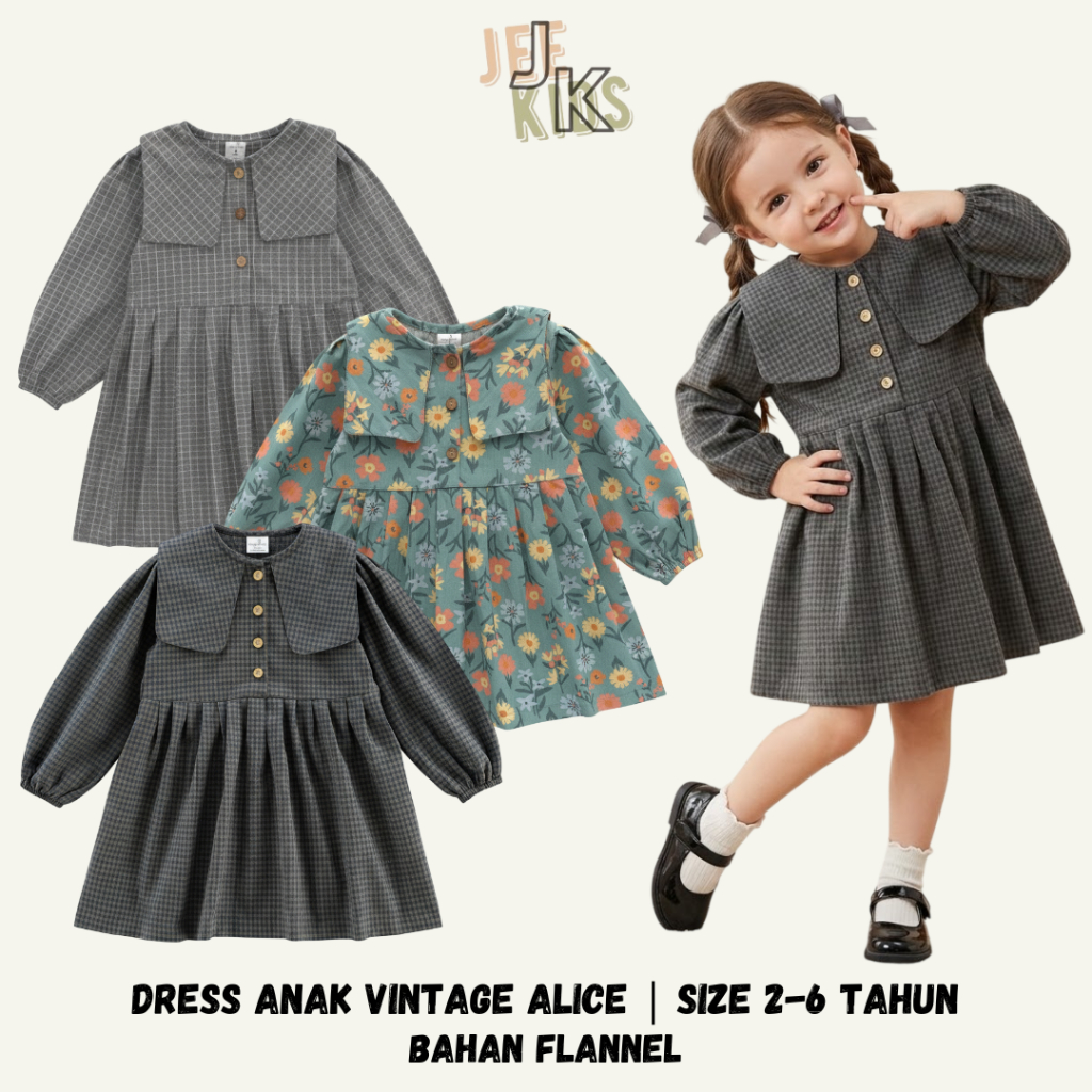 Jeekids Dress Anak Perempuan Vintage Flanel Dress Anak Cantik Motif Elegan Usia 2 - 6 Tahun