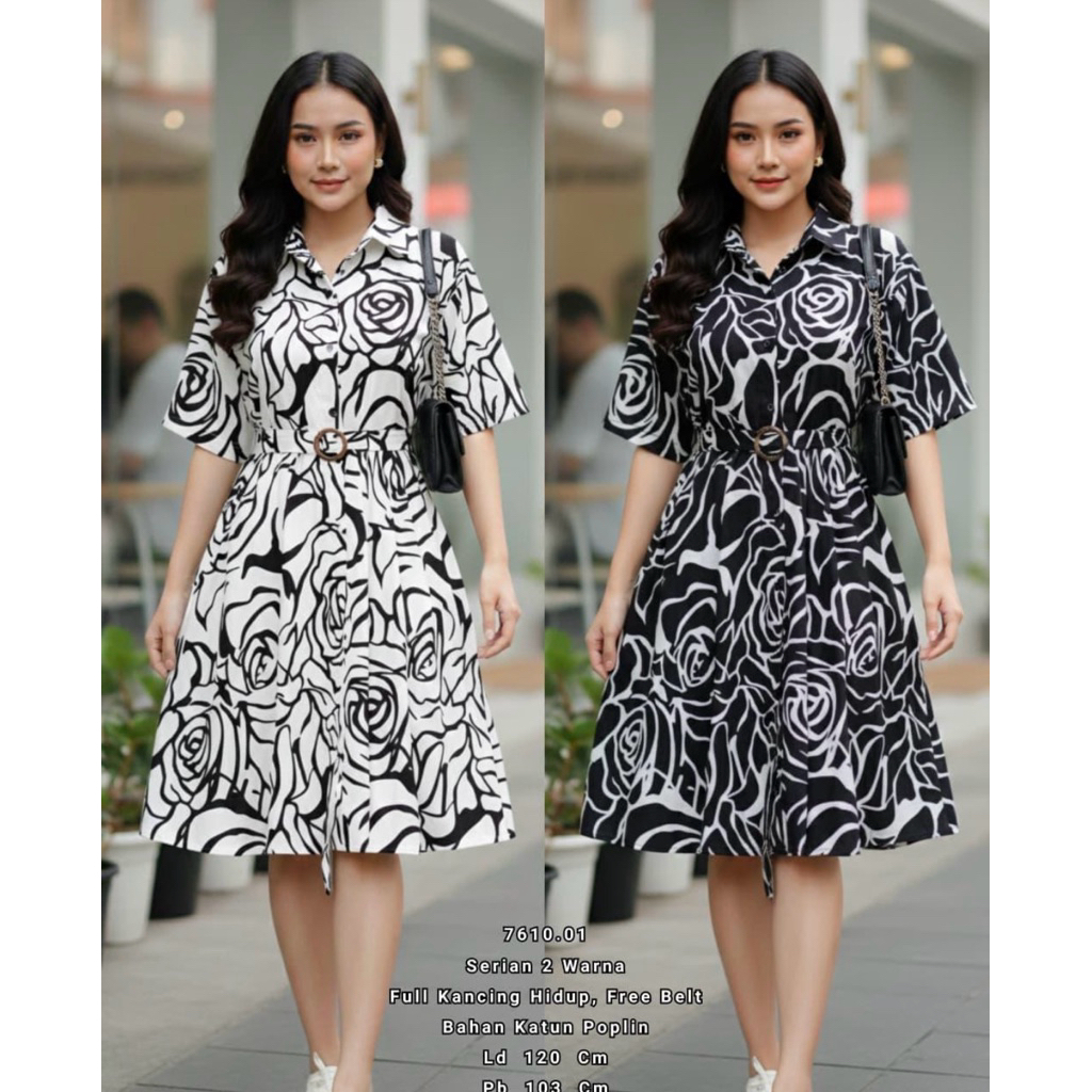 DRESS BUNGA MEKAR KATUN POPLIN / DRESS FULL CORAK BUNGA FASHION KOREA OVERSIZE 3XL LD120CM