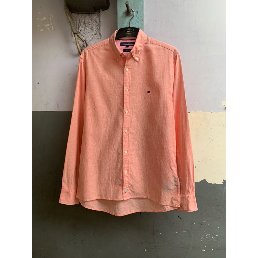kemeja pria TOM/HIL linen polos lengan panjang preloved
