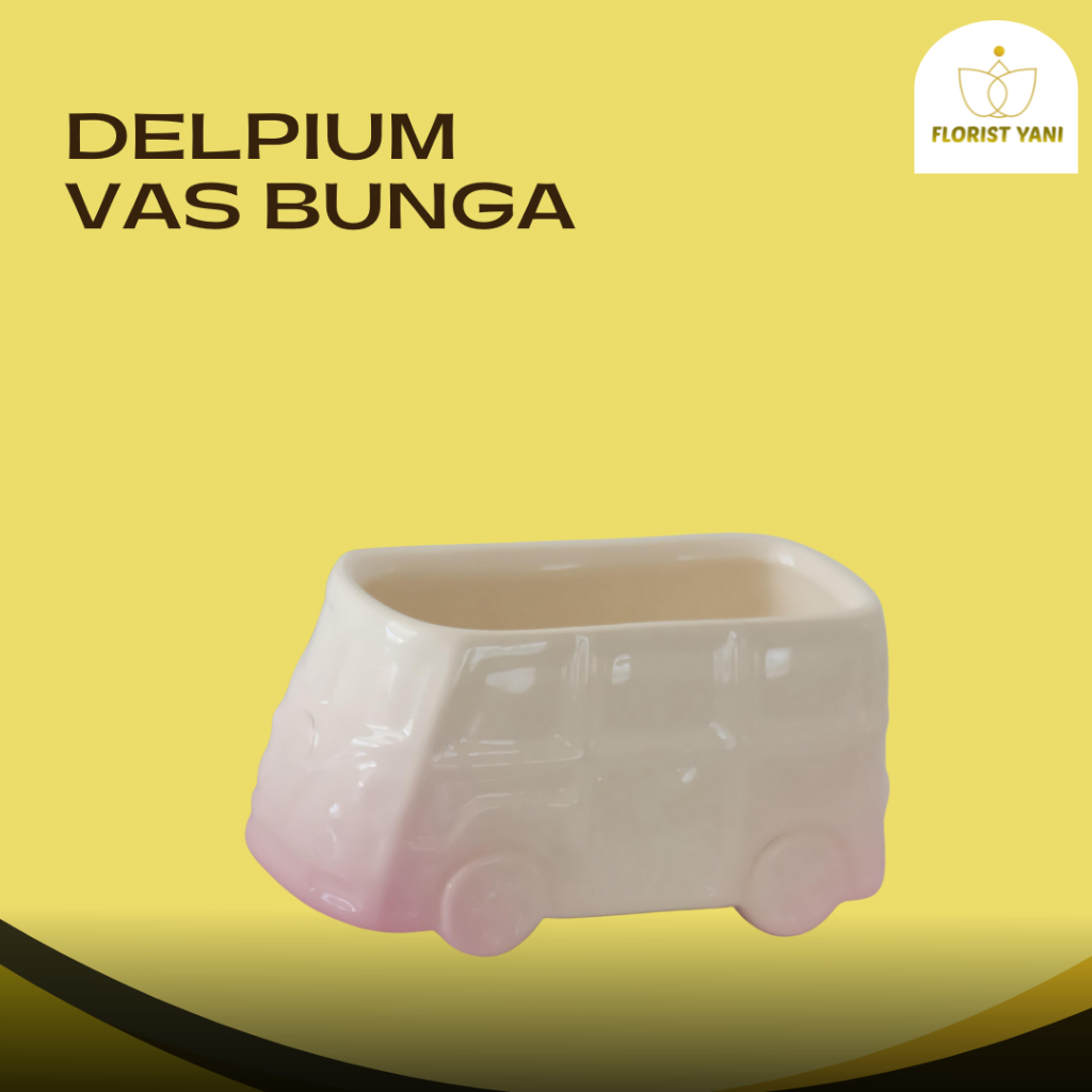 DELPIUM VAS KERAMIK BUNGA UNIK SEPERTI BUS WARNA PUTIH